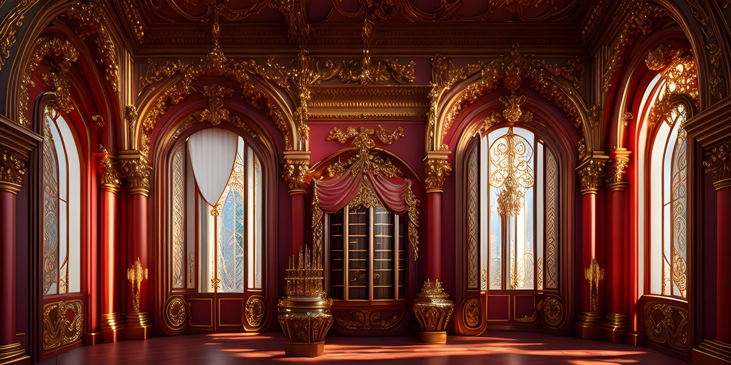 Luxurious Red and Gold Room with Ornate Designs and Lavish Windows