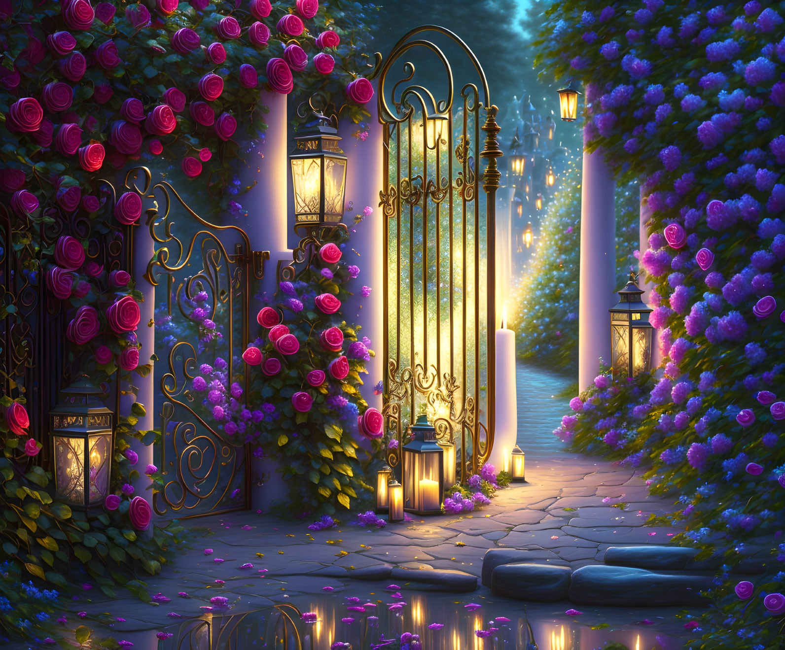 Golden gate with roses in magical nighttime garden with lanterns and purple foliage