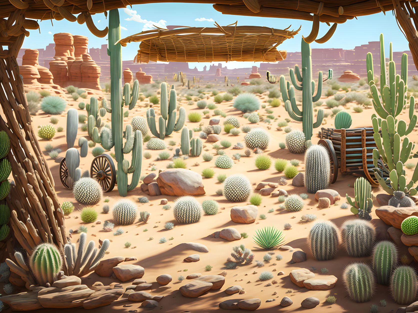 Desert landscape with cacti, rocks, wooden cart, and canopy structure