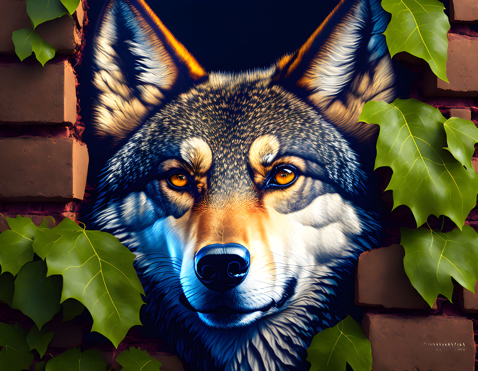Detailed Wolf Head Illustration Peeking Through Brick Wall with Ivy Leaves