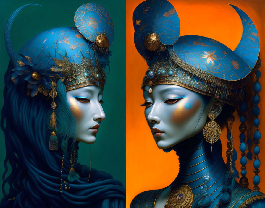 Stylized portraits of figure with blue skin and ornate golden headdresses on green backdrop