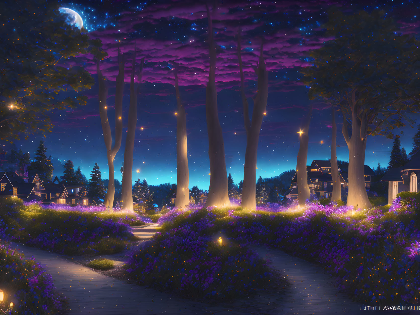 Starry night scene with glowing flowers, winding path, cozy houses under crescent moon
