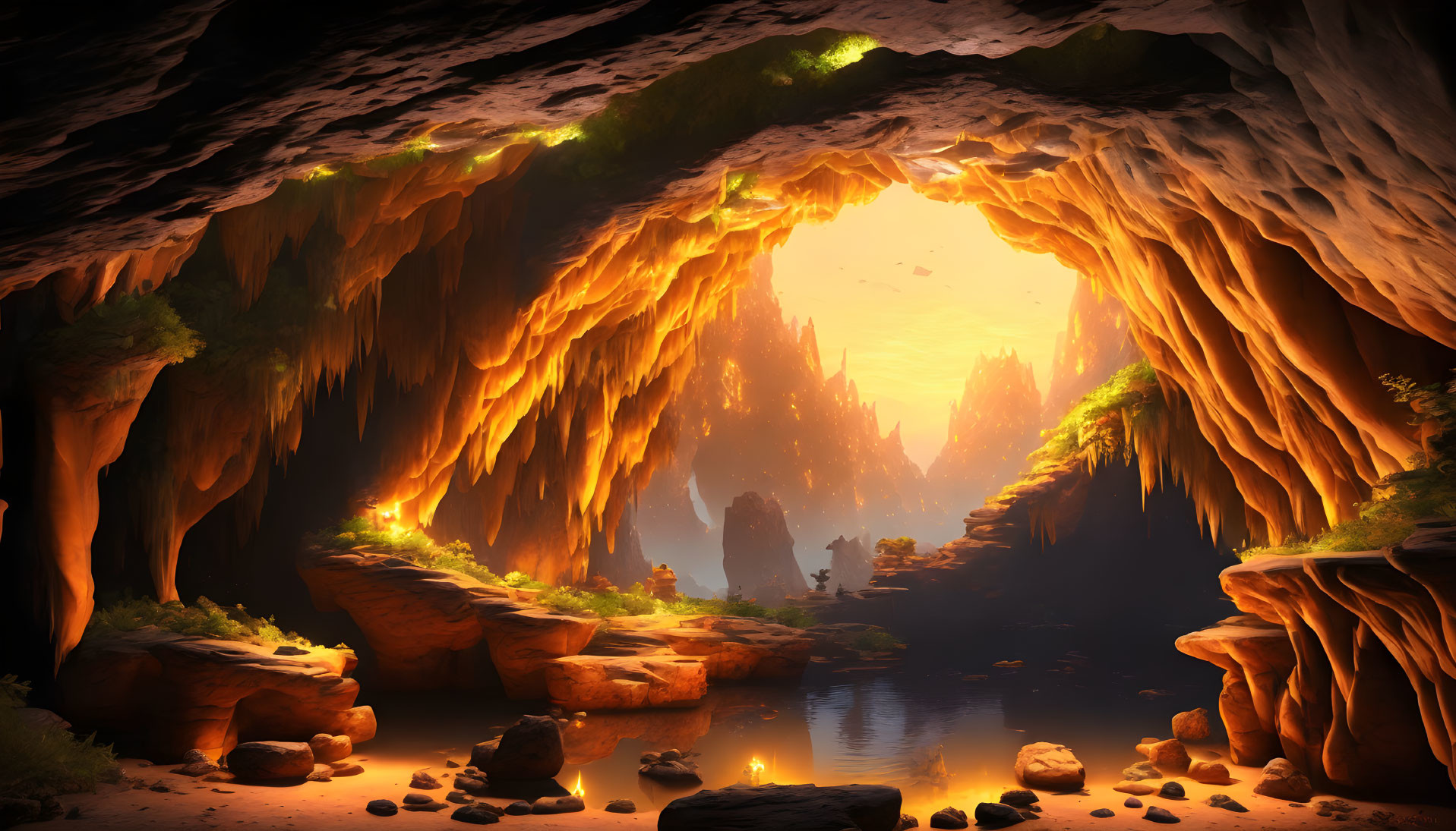 Mystical Cave with Stalactites and Glowing Entrance