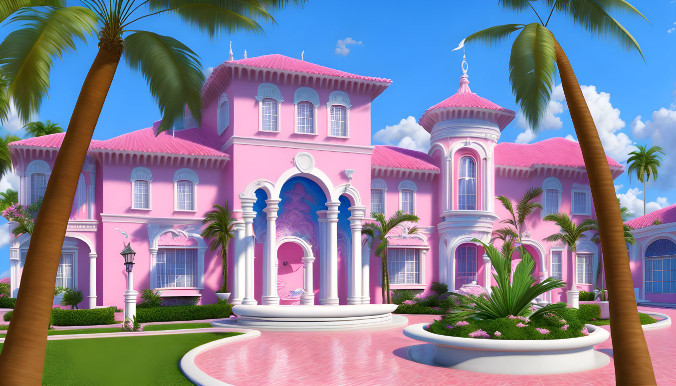 Vibrant digital artwork of pink mansion with turrets and palm trees