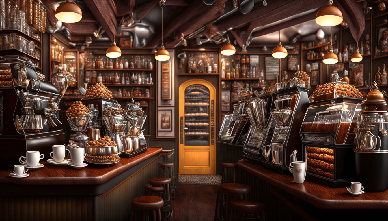 Vintage Coffee Shop Interior with Wooden Decor and Espresso Machines