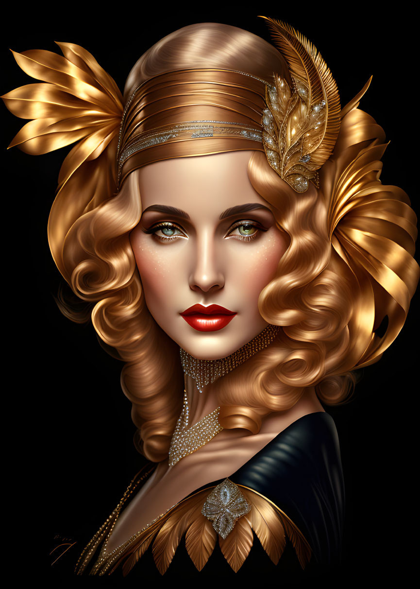 Woman with Glamorous Makeup and Golden Headwear Illustration