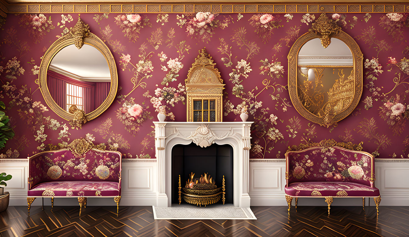 Luxurious Room with Floral Wallpaper and Gold Accents