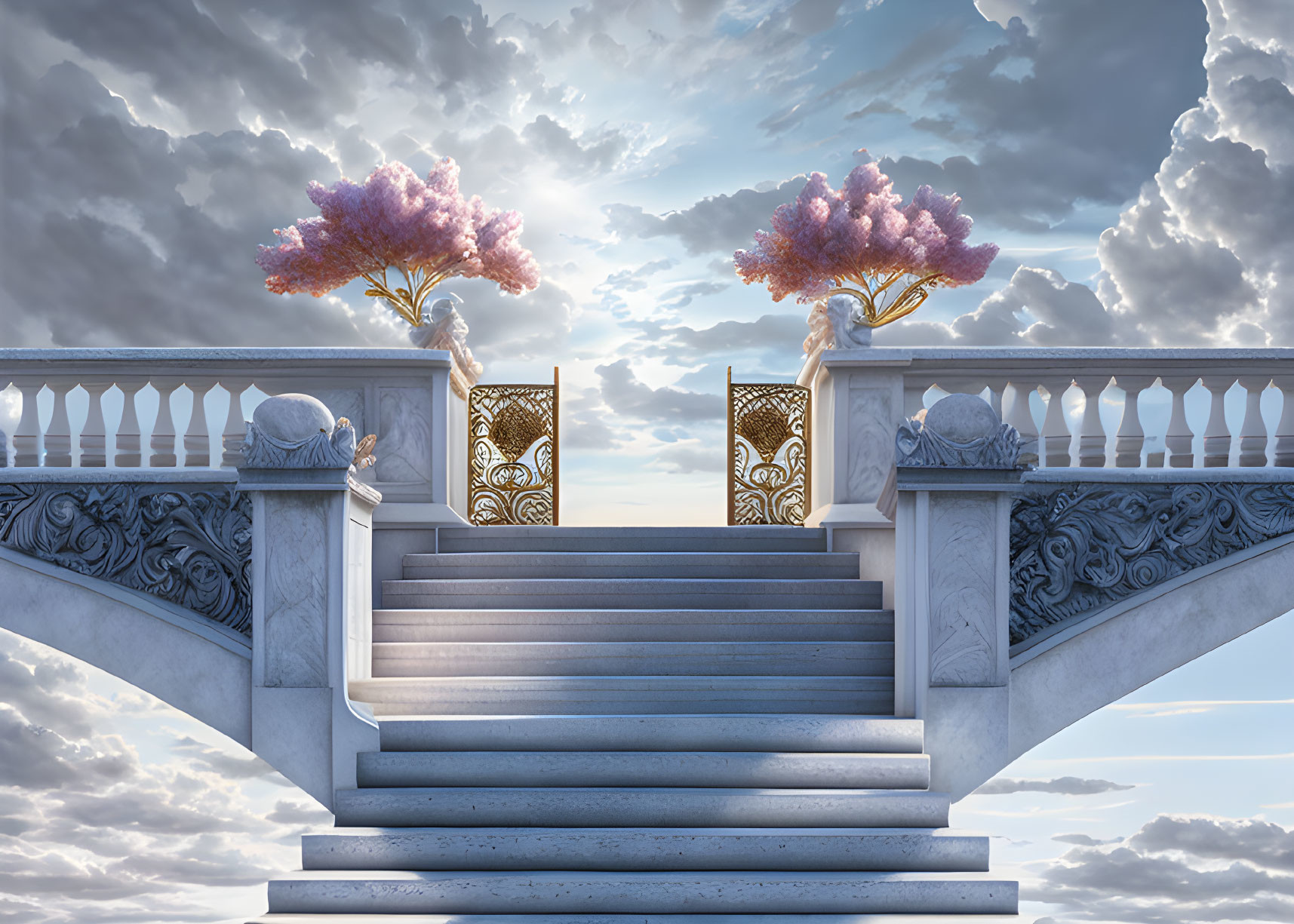 Surreal staircase with ornate railings and pink trees under cloudy sky