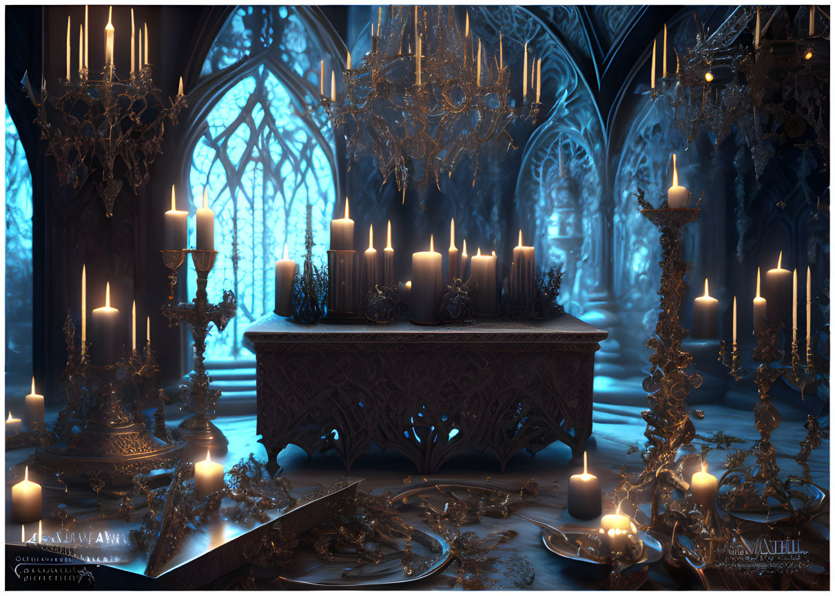 Gothic arches, candles, chandeliers in dimly lit ornate room