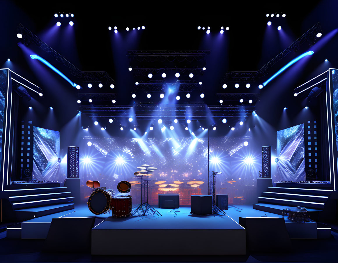 Concert stage setup with drum set, speakers, and blue lighting