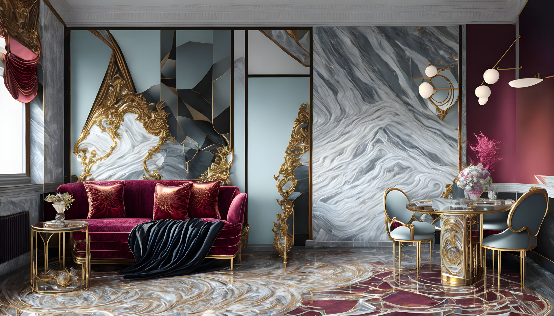 Luxurious Interior with Burgundy Velvet Sofa & Ornate Gold Mirrors