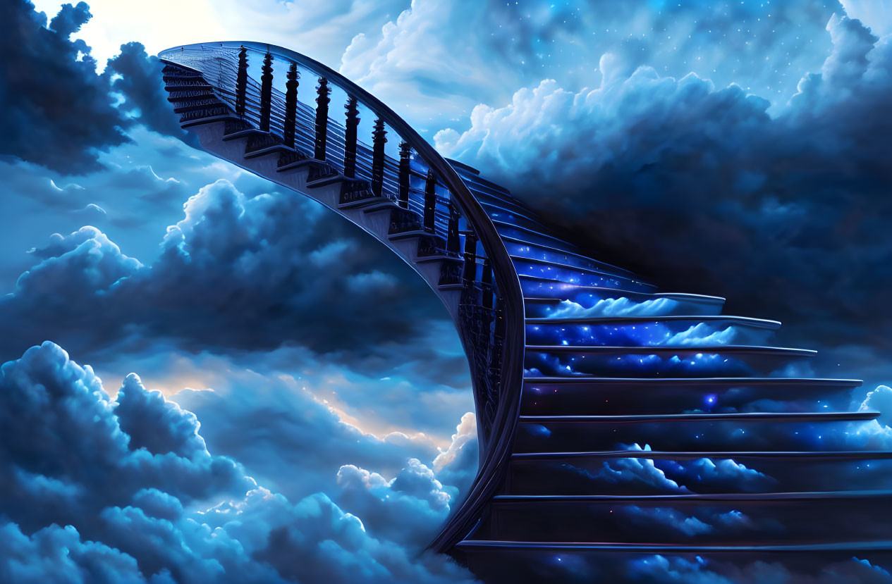 Surreal staircase winding into sky among clouds with blue hue