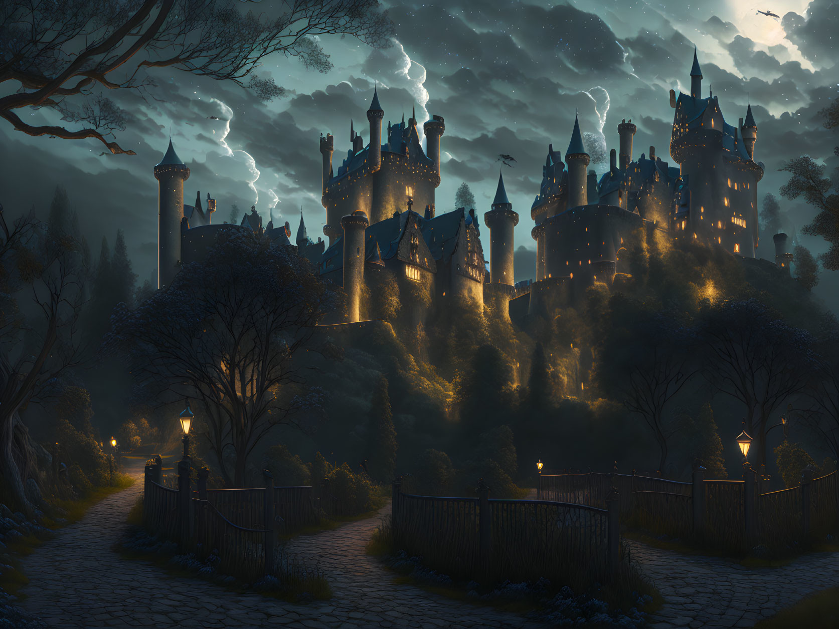 Majestic illuminated castle at night with spires and lightning-streaked clouds