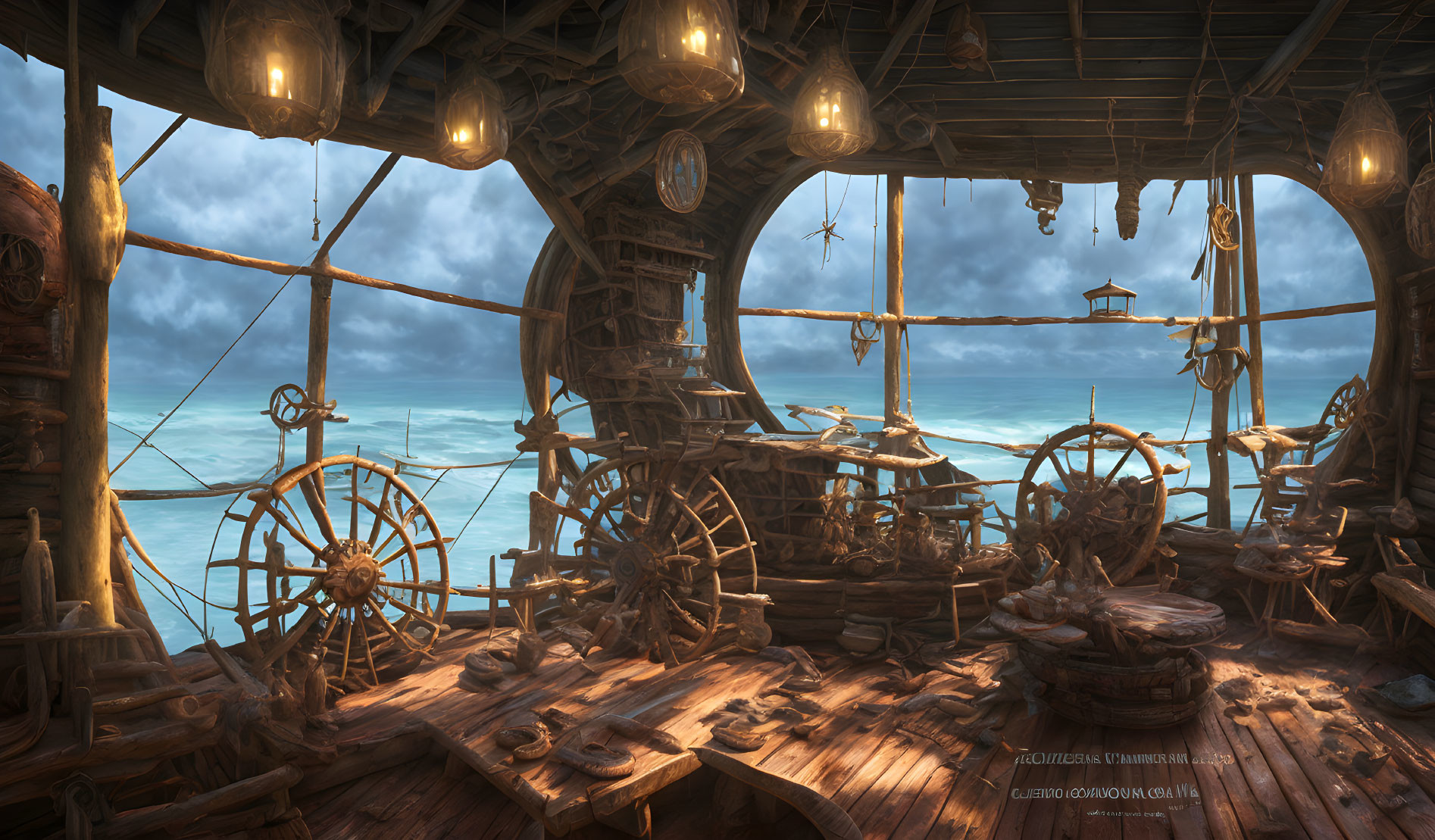 Wooden ship steering deck with multiple wheels and lanterns overlooking calm sea at dusk with distant lighthouse