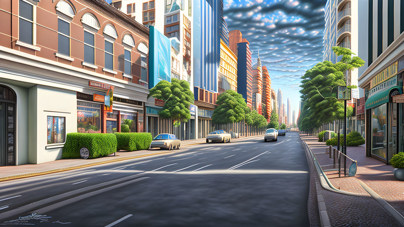 City street scene with trees, parked cars, shops, and billboards under blue sky