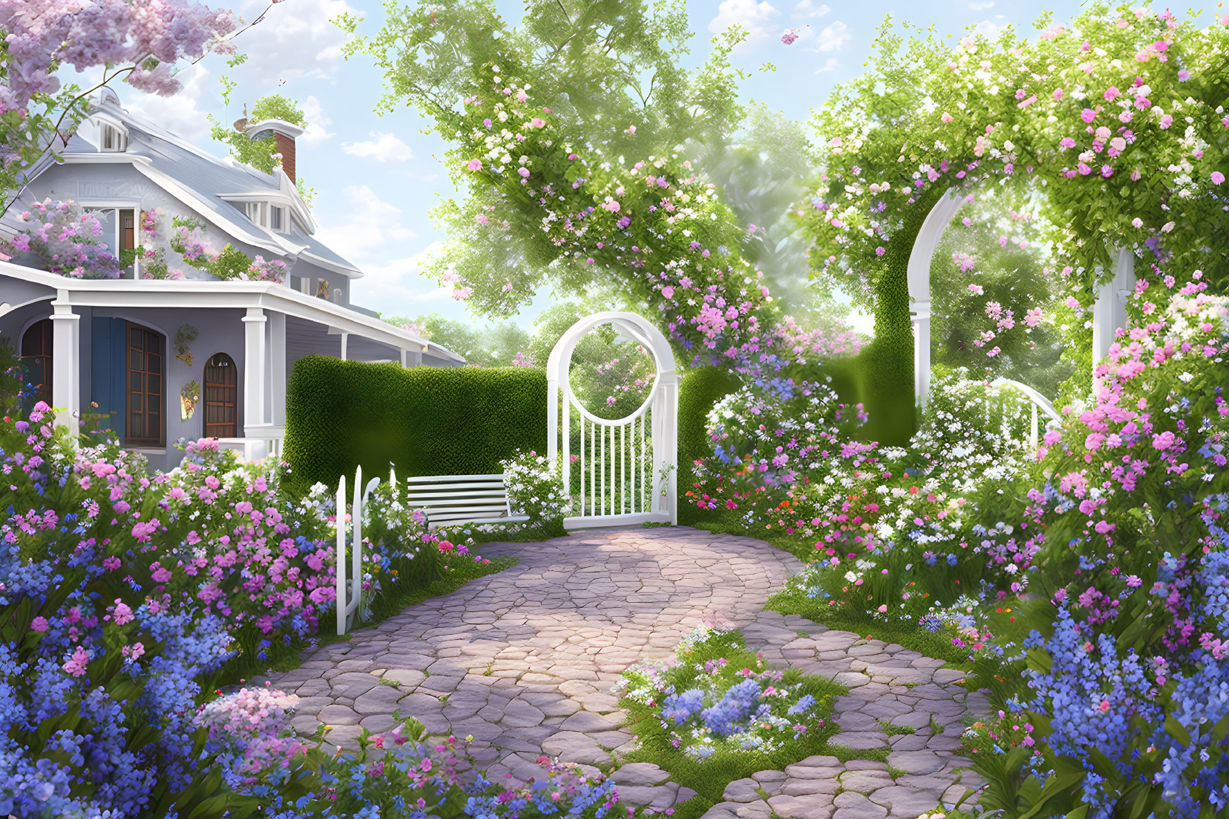 Lush garden with cobblestone path, flowers, bench, arch gate, and charming house