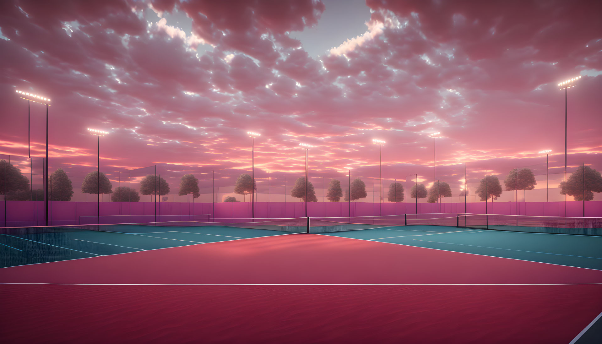 Deserted tennis courts at sunset with blue and pink hues