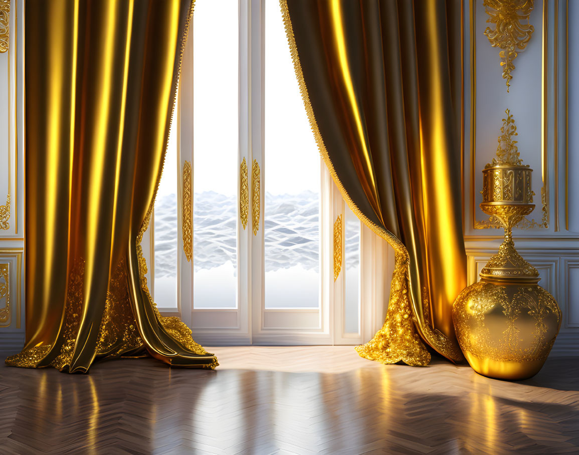 Luxurious Room with Golden Drapes and Mountain View