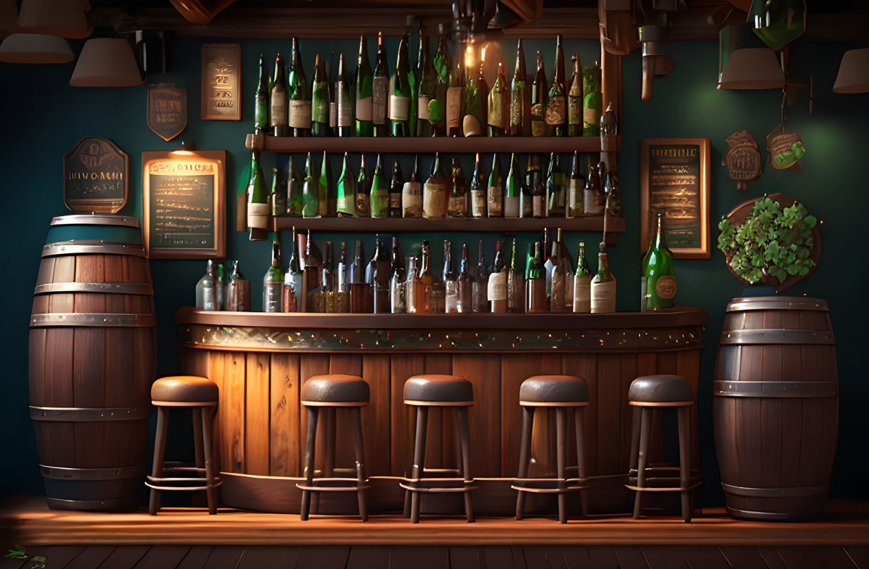 Dimly-Lit Bar with Wooden Counter and Shelves of Bottles