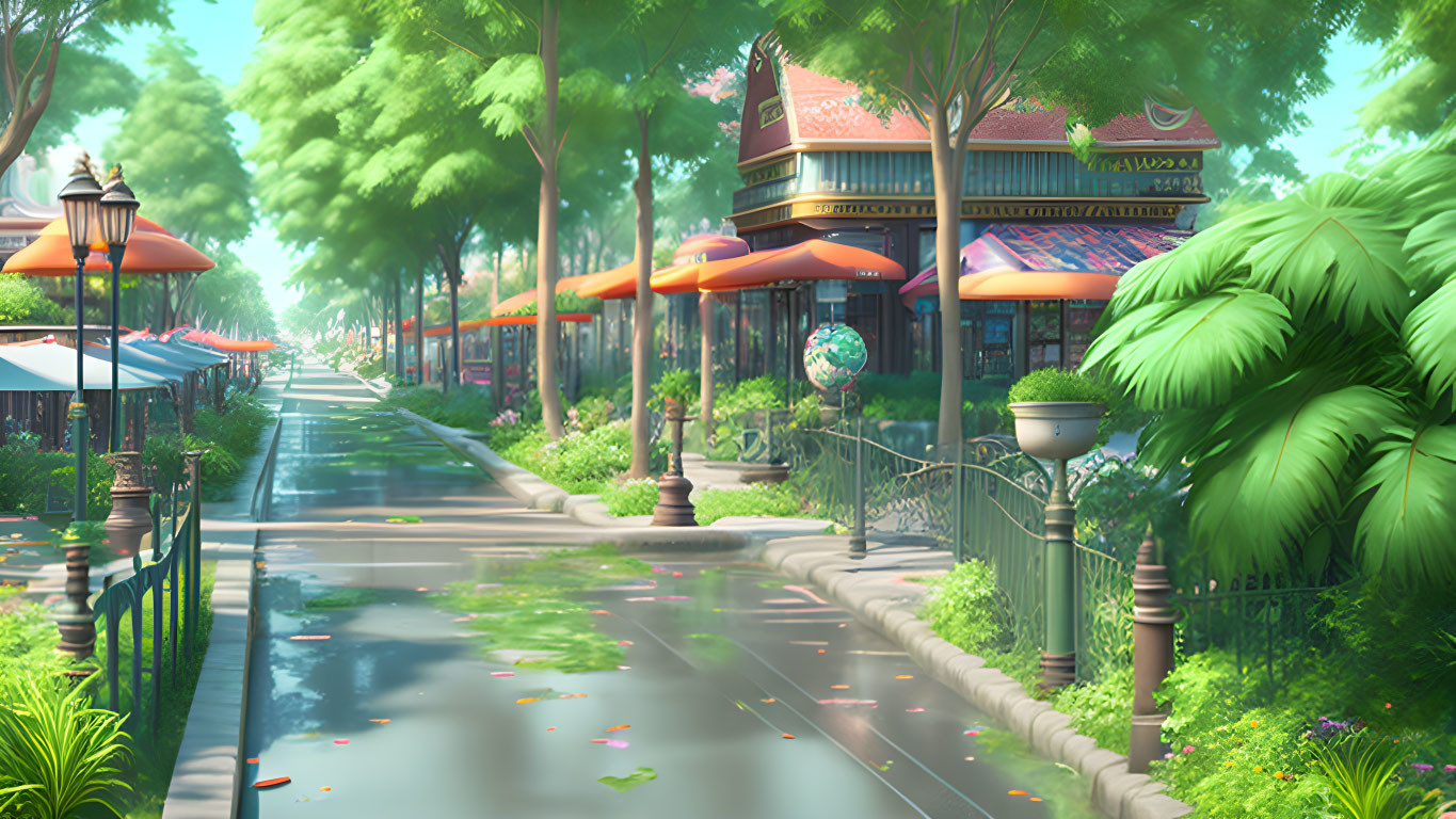Tranquil street scene with green trees, flower beds, and quaint buildings