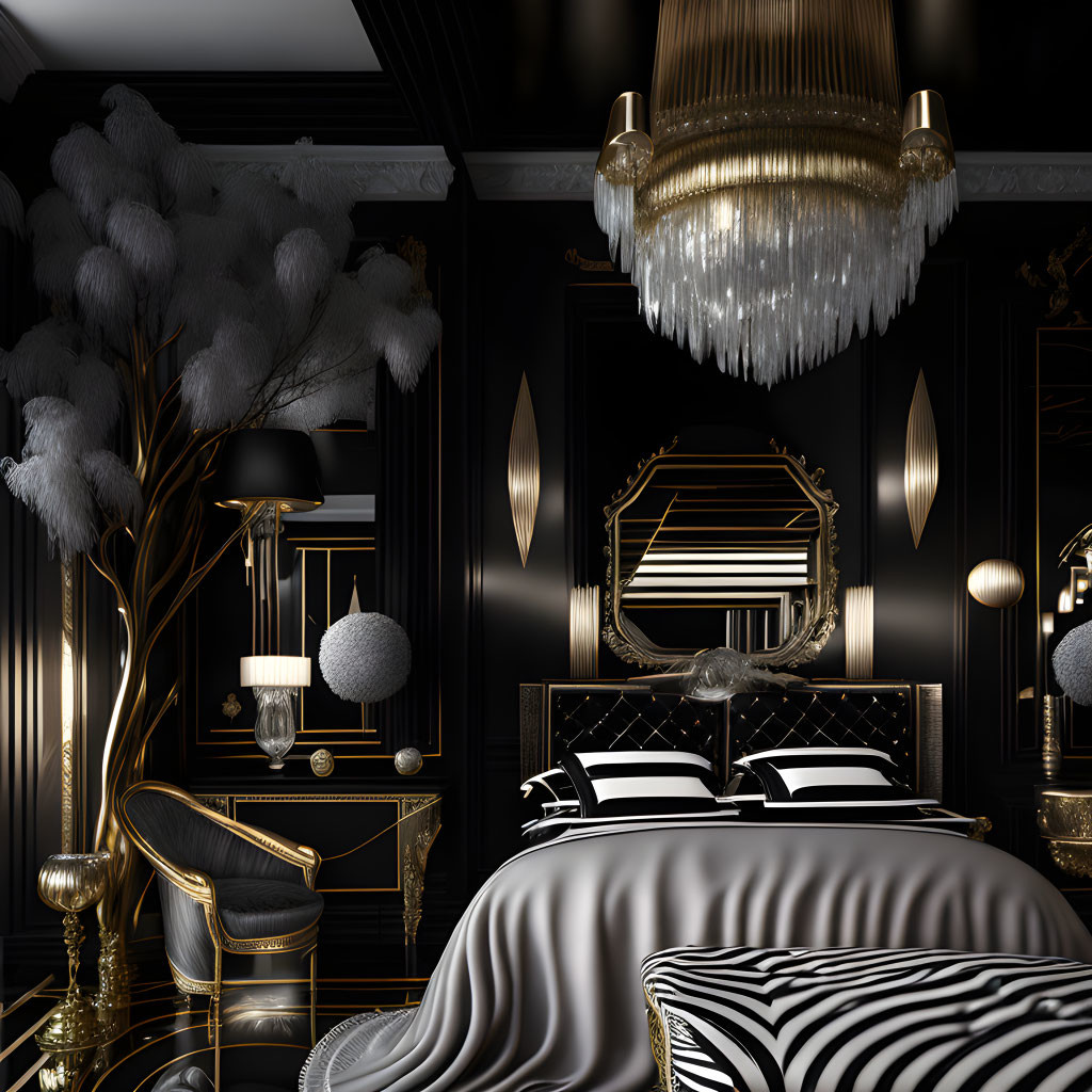 Luxurious Bedroom with Black and Gold Color Scheme, Ornate Chandelier, Plush Fabrics,
