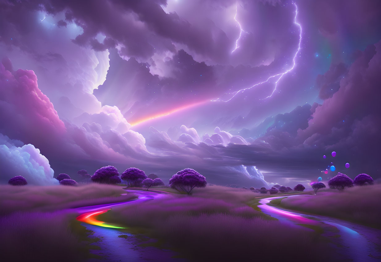 Colorful Surreal Landscape with Lightning, Rainbow, Trees, and Path
