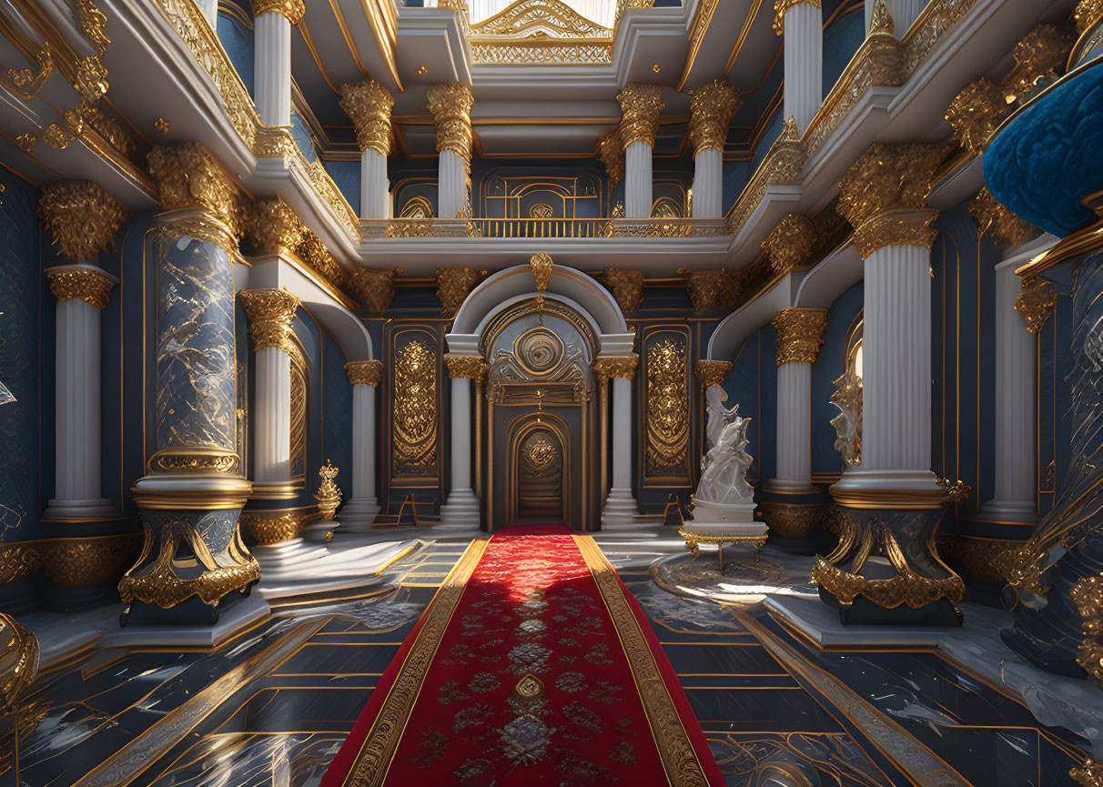Luxurious Hall with Grand Columns, Gold Detailing, Marble Floors, Red Carpet, and Sculptures