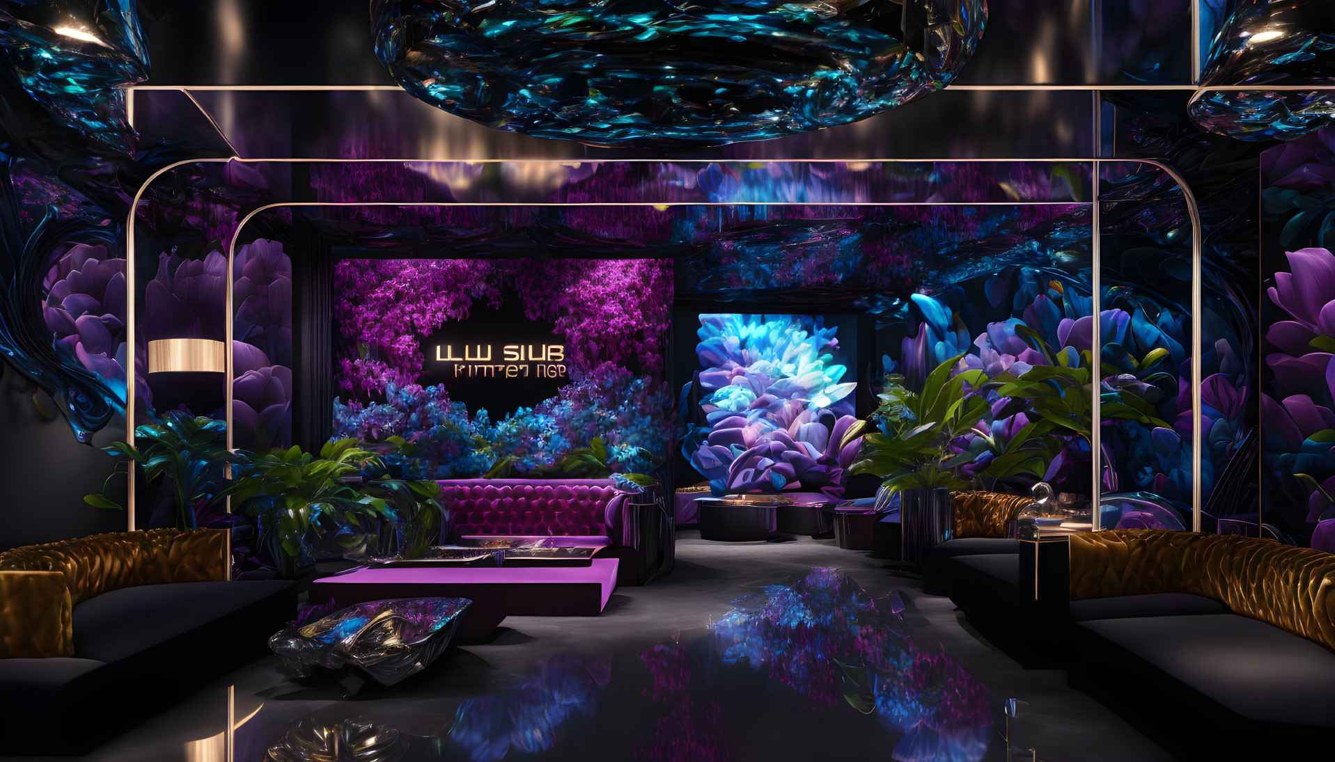Modern lounge with LED-lit flora, reflective surfaces, and futuristic design elements.