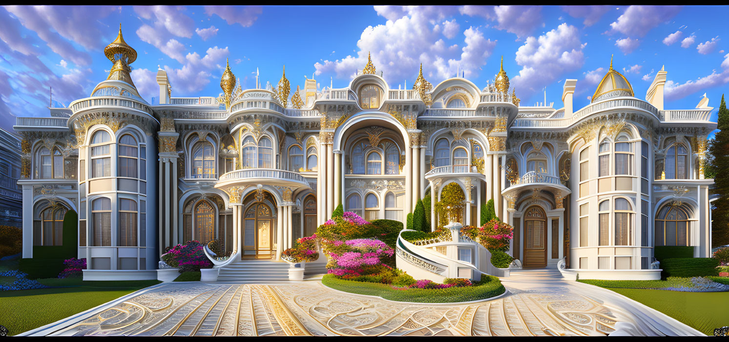 Opulent palace with spires, balconies, staircase, and gardens