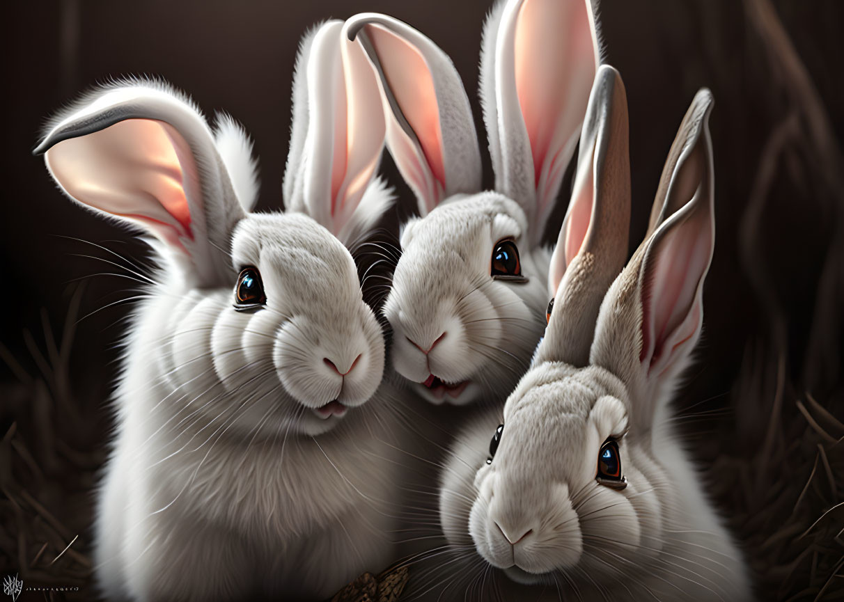 Three cute rabbits with soft fur huddle together in straw, two facing forward and one looking sideways.