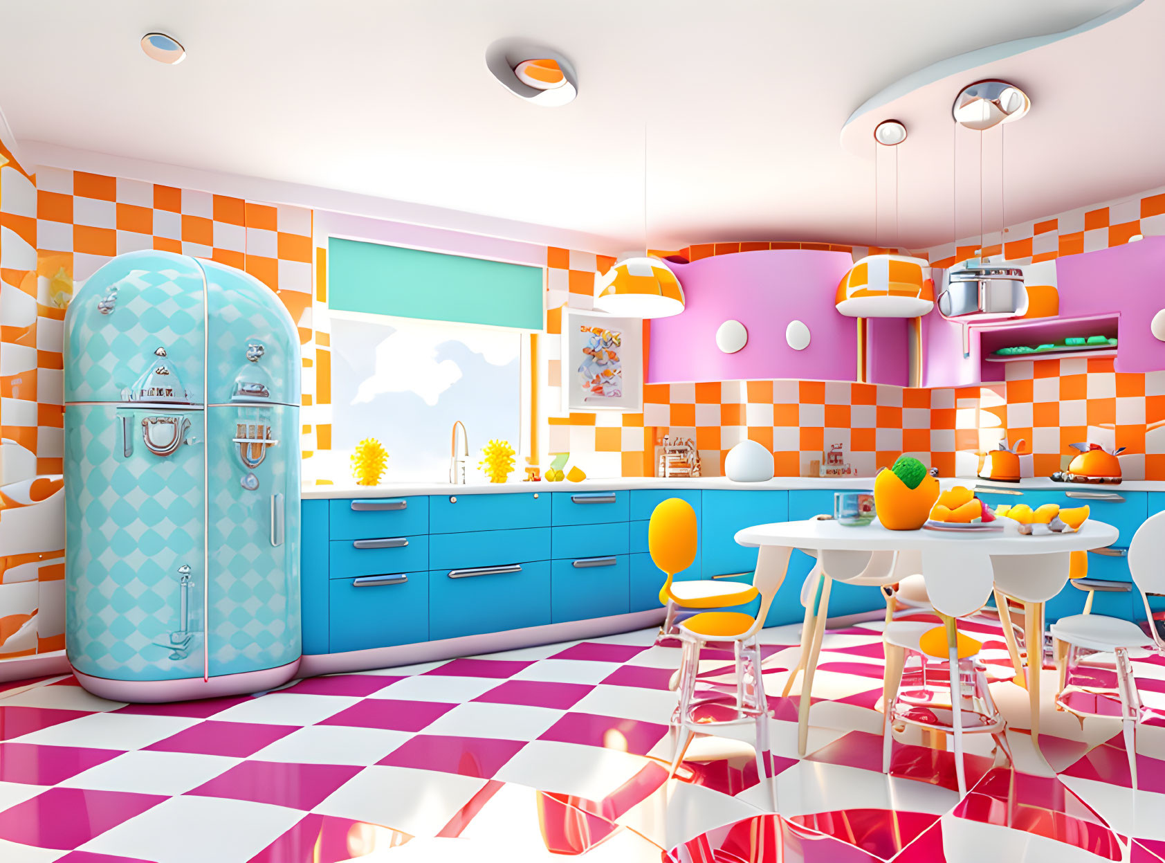 Vibrant retro kitchen with checkerboard floor and turquoise cabinets