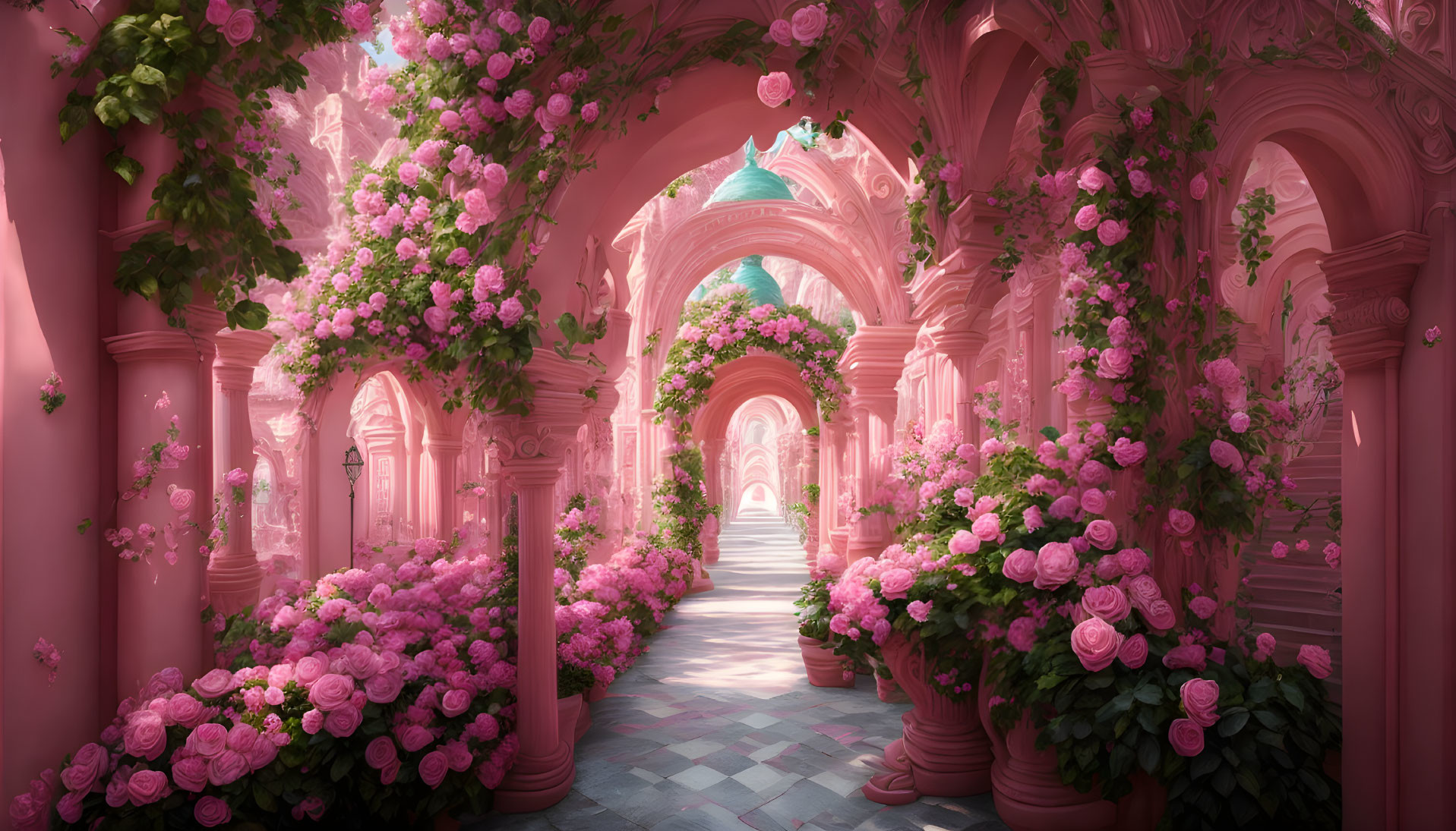Pink flower archway over checkered pathway to light-filled exit