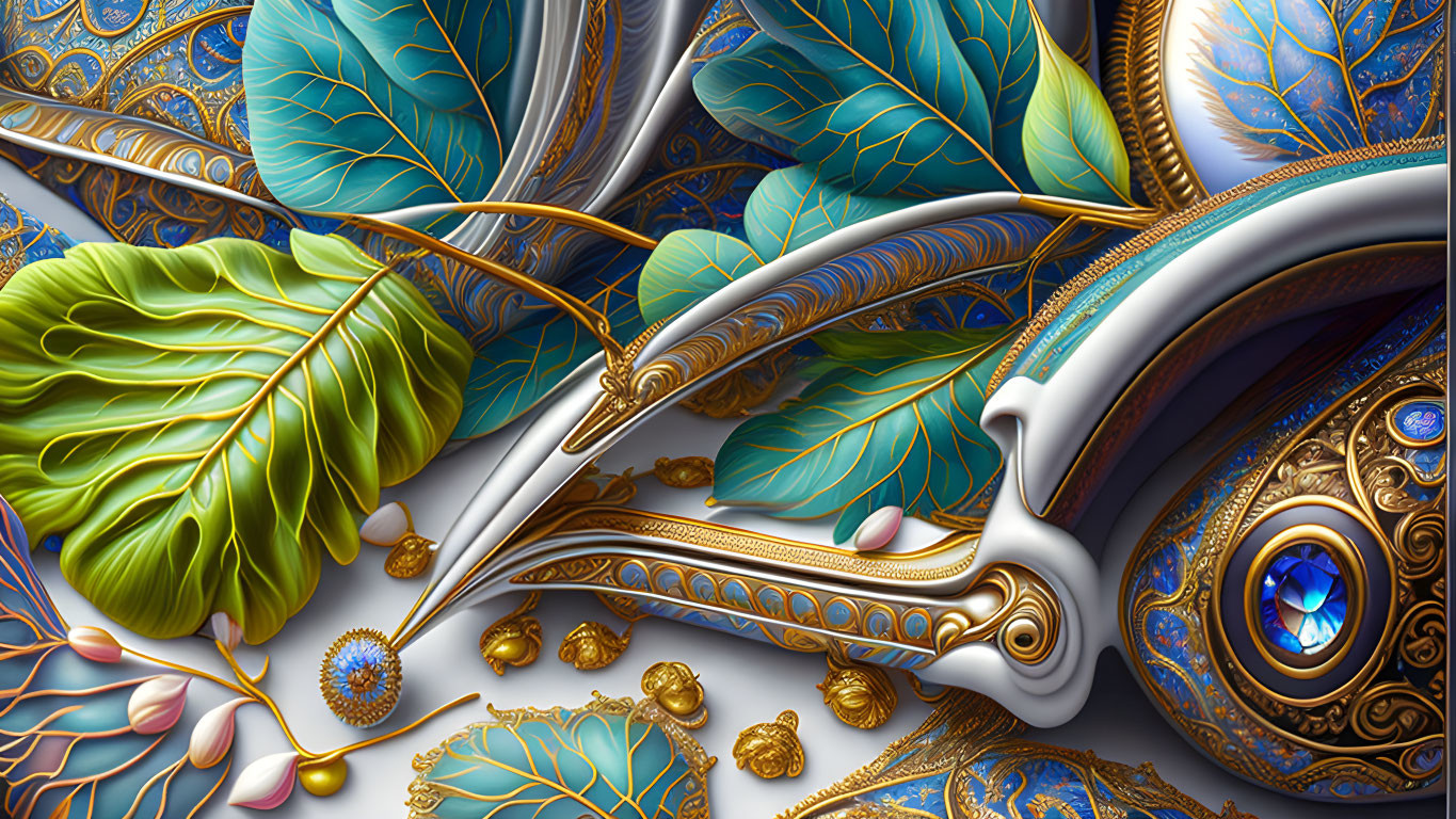Detailed Artwork of Green and Blue Leaves with Gold Accents and Headphones
