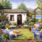 White Cottage with Lush Gardens and Stone Pathway
