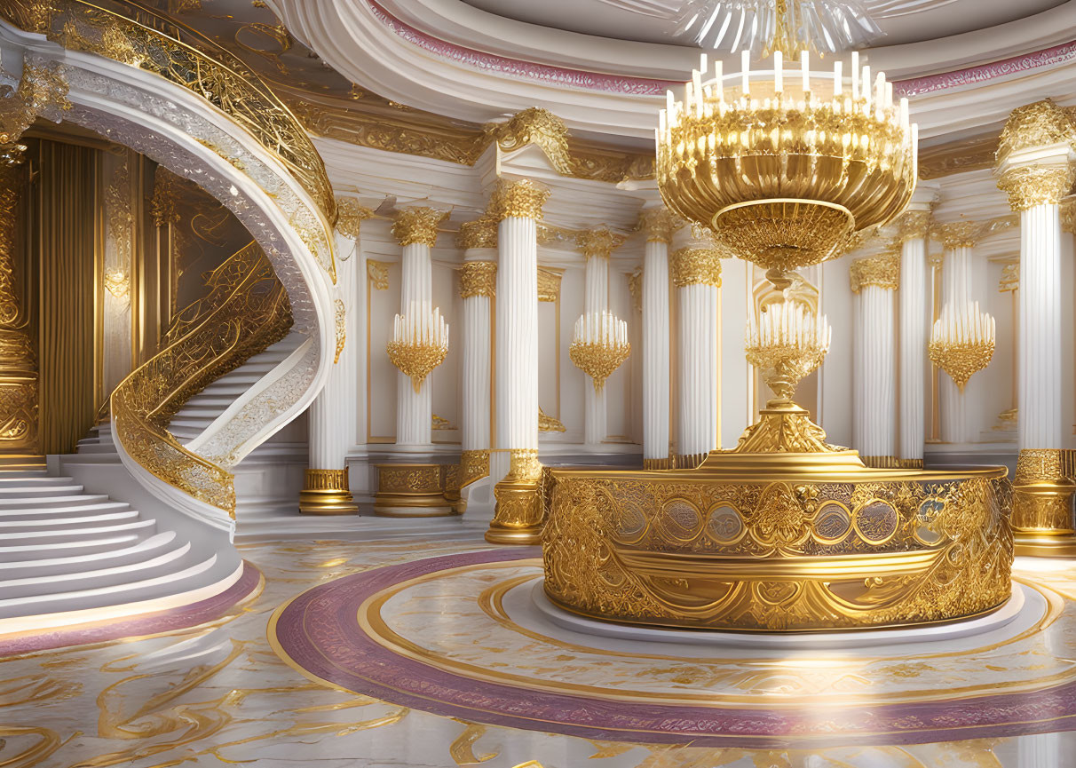 Luxurious Interior with Golden Fountain, Spiral Staircase, Columns, and Chandelier