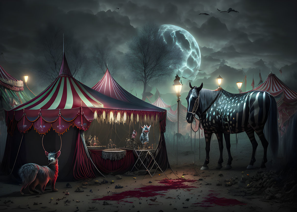 Spooky circus scene: skeletal horse, fox with skull mask, eerie tents, bats, glowing moon