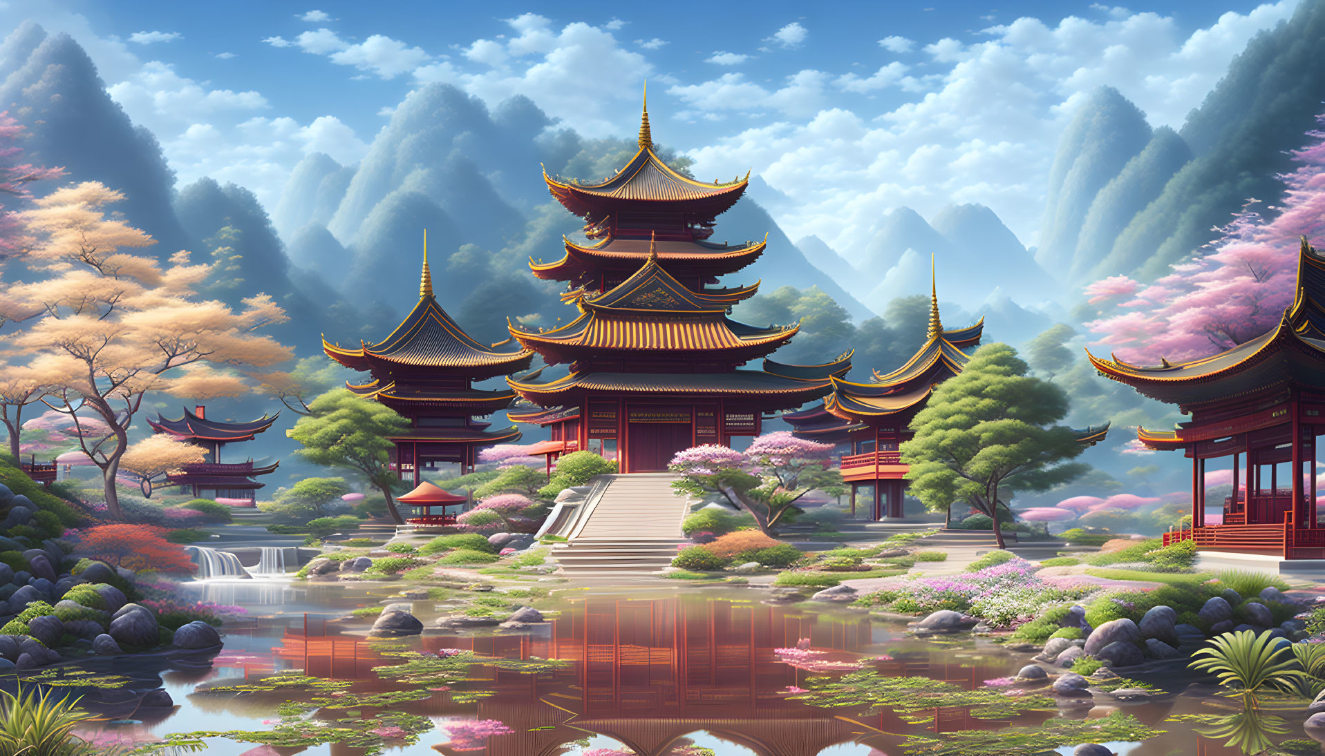 Traditional pagodas, cherry blossoms, river, and misty mountains in serene landscape