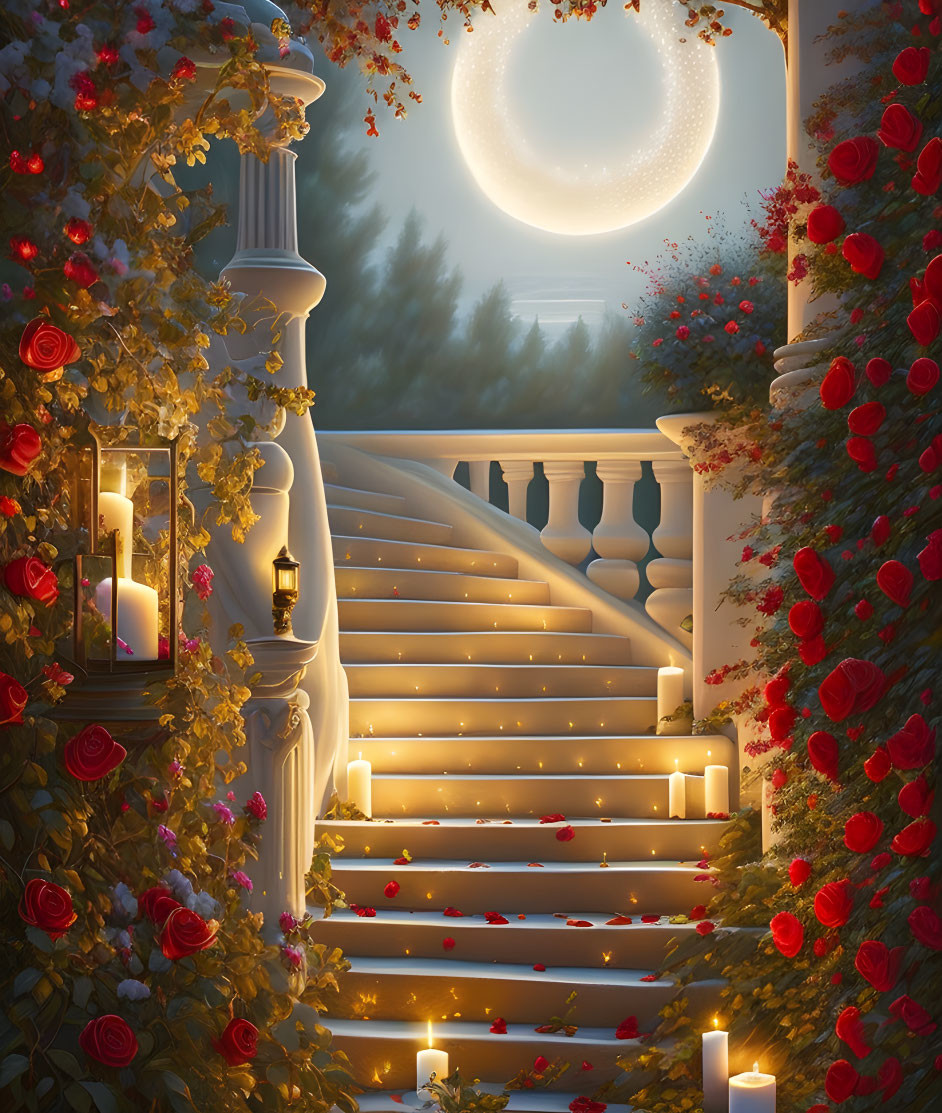 Outdoor Staircase Decorated with Candles, Roses, and Greenery at Night
