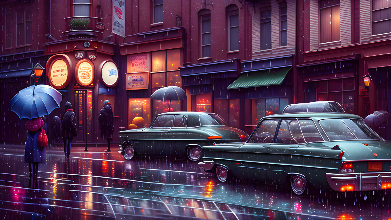 Vibrant city street on a rainy evening with neon signs, vintage cars, and people with umb
