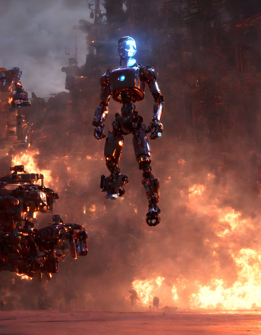 Giant humanoid robot with blue lights in fiery industrial scene