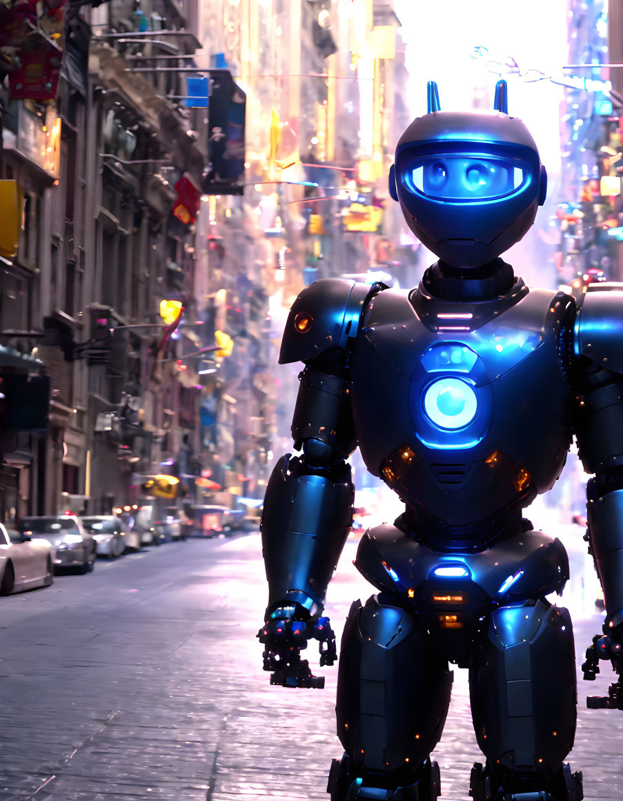 Futuristic robot with glowing blue face in vibrant city scene