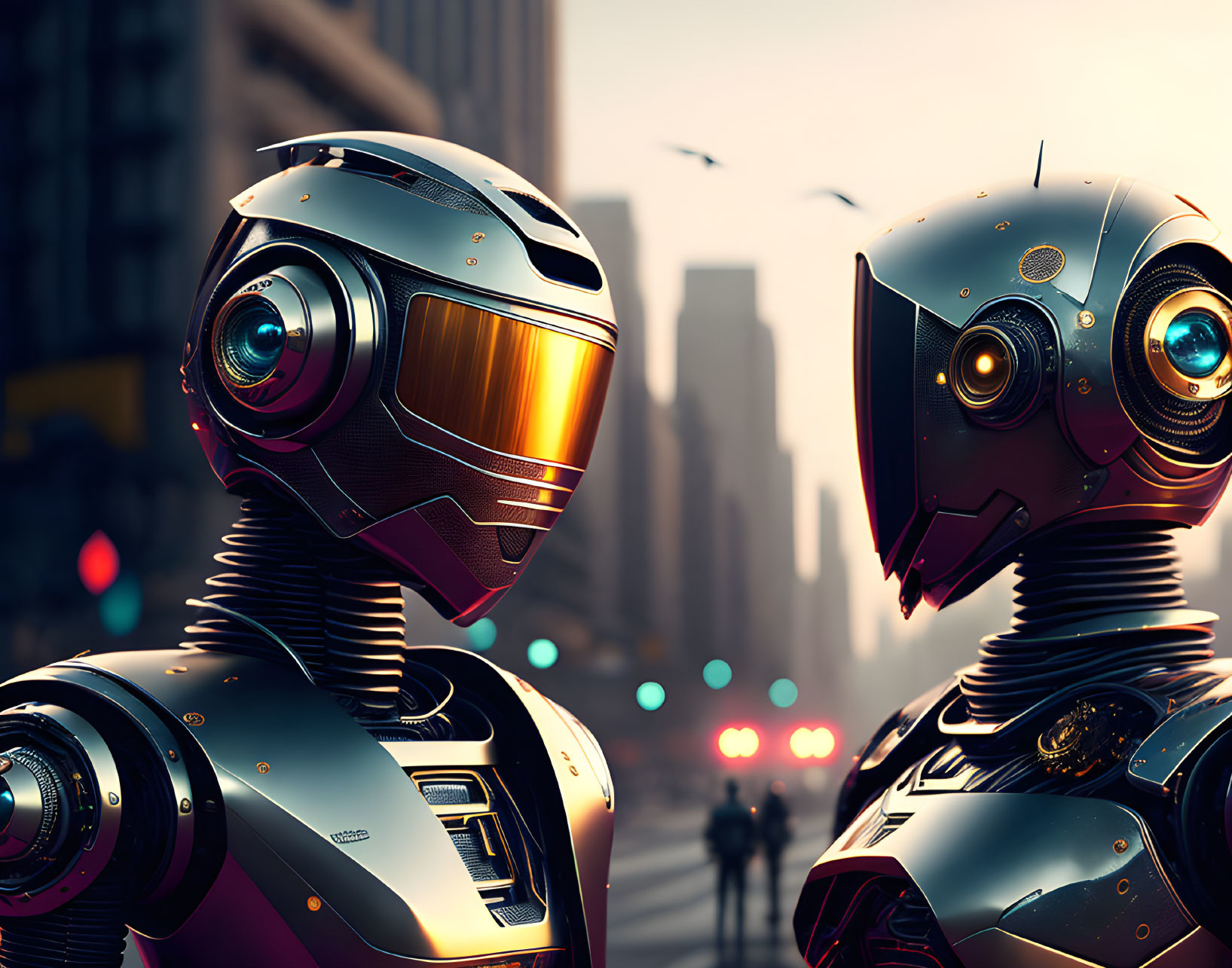 Detailed human-like robots conversing in busy city street at dusk