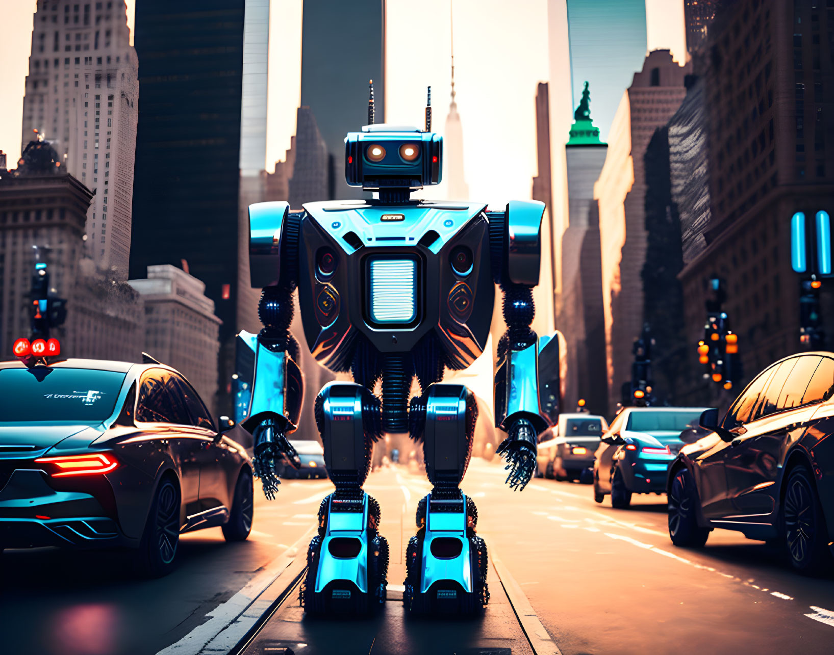 Futuristic robot with blue lights in city street at twilight