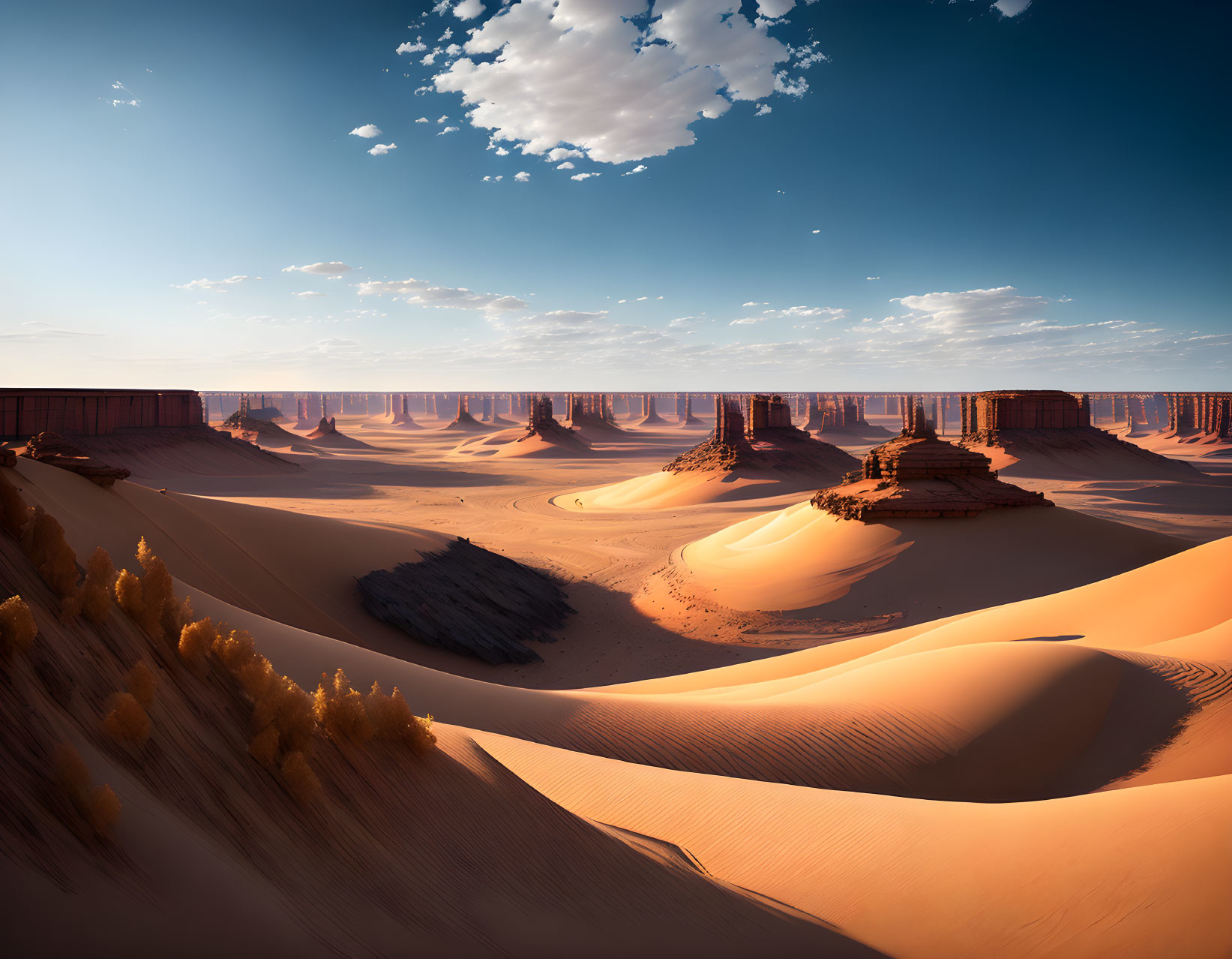 Desert Landscape with Sand Dunes, Rock Formations, and Blue Sky