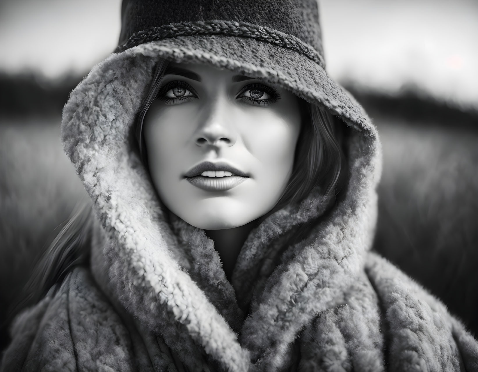 Monochrome portrait of woman in hat and fur coat with captivating eyes