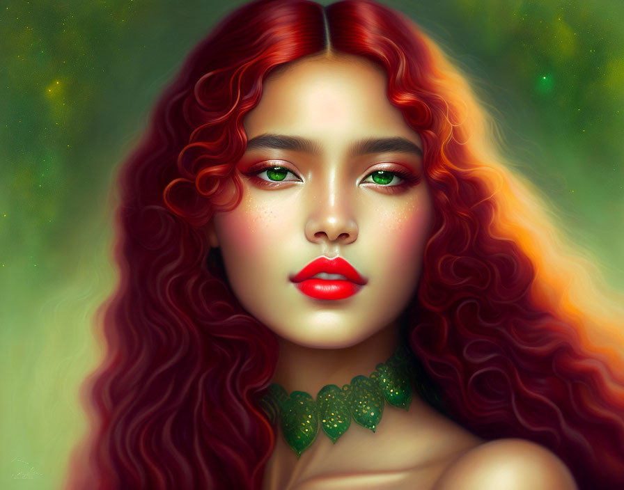 Digital portrait: Woman with red hair, green eyes, red lips on soft green background.