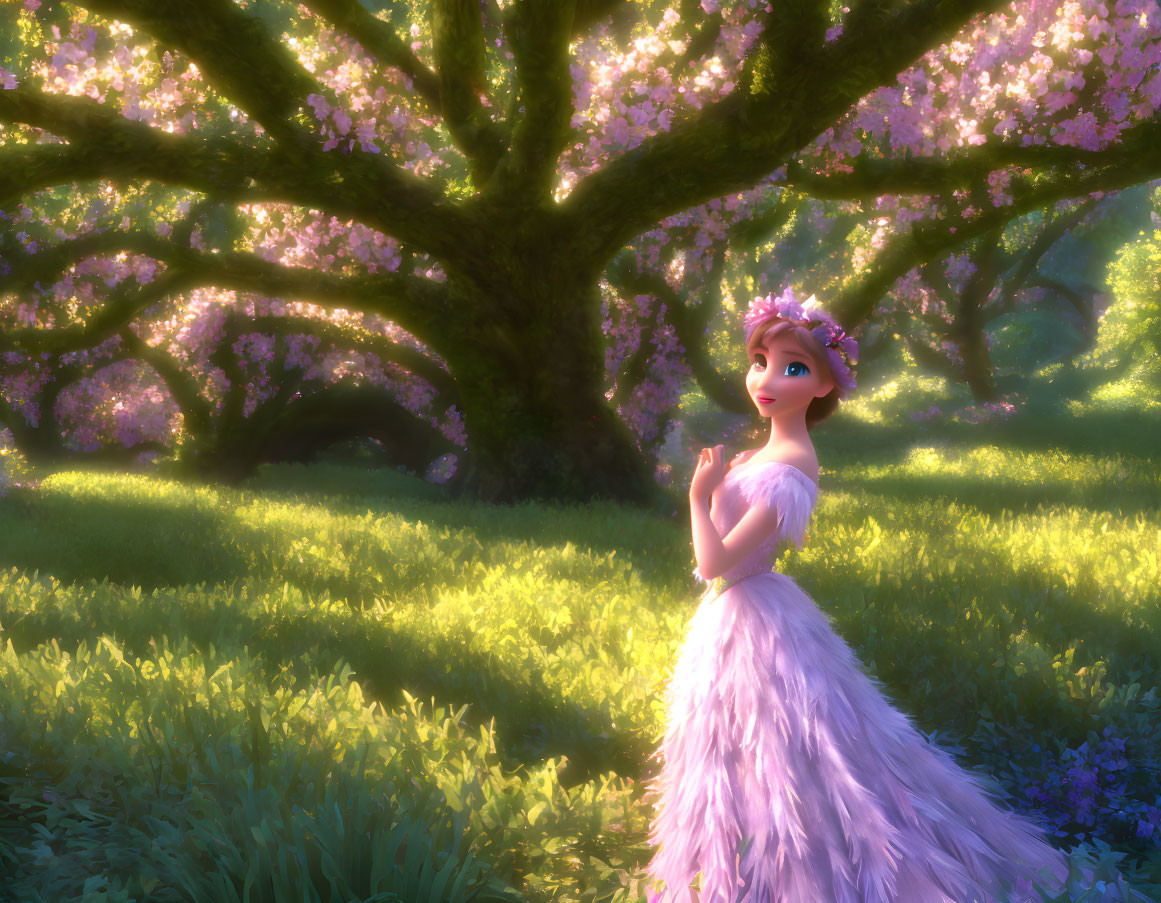 Young woman in pink dress under cherry blossom tree with sunlight filtering.