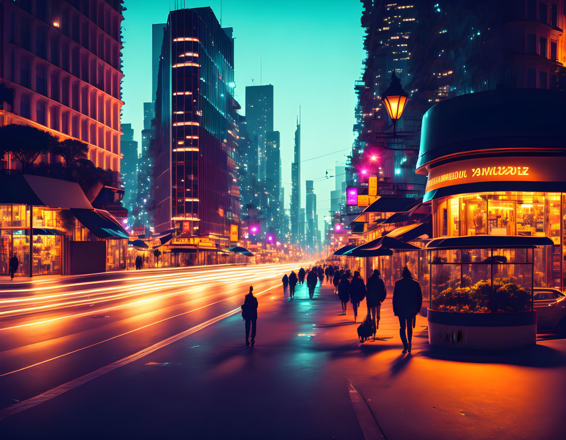 Vibrant twilight city street with neon lights, pedestrians, and skyscrapers