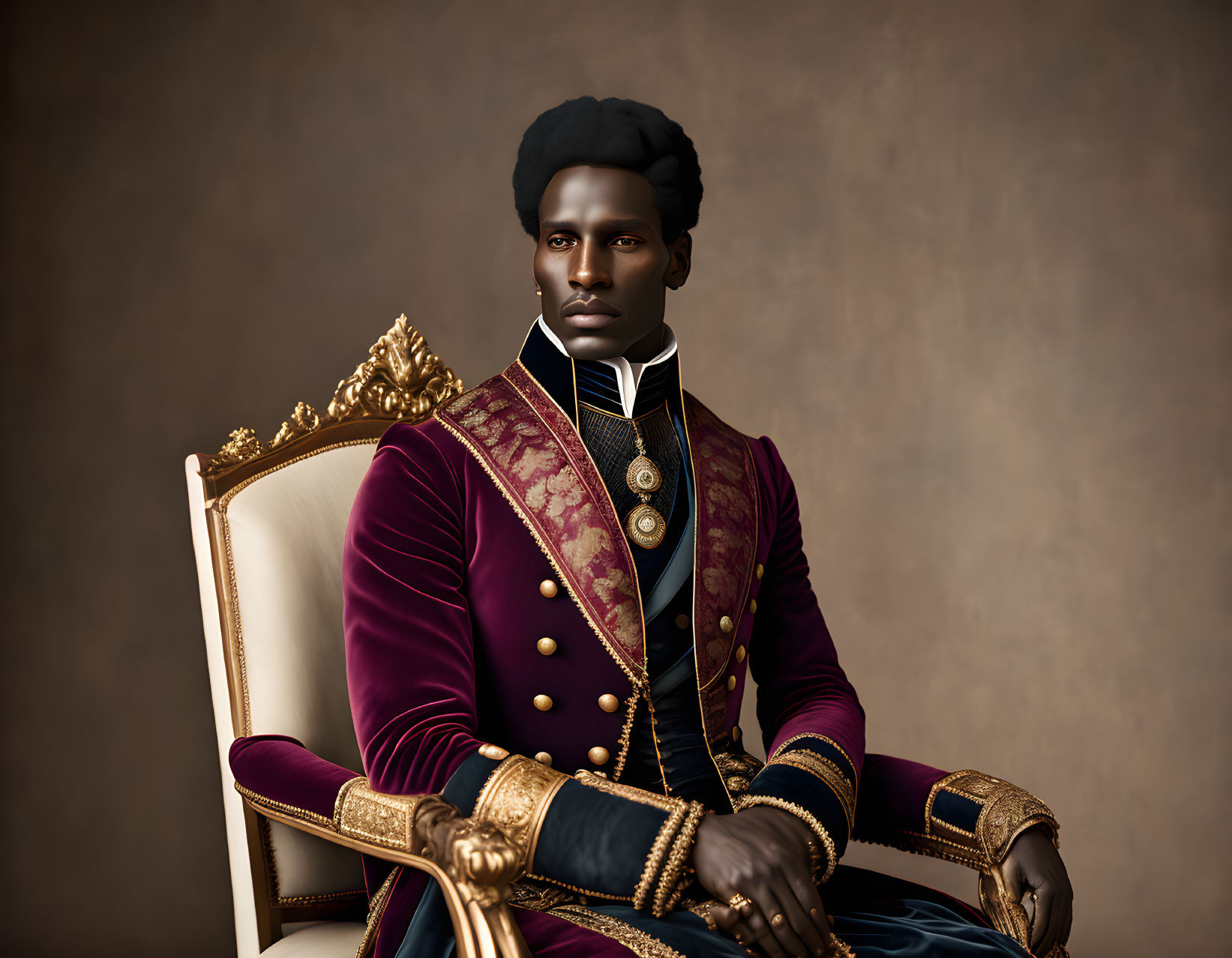 Regal man in purple and gold military uniform on golden throne