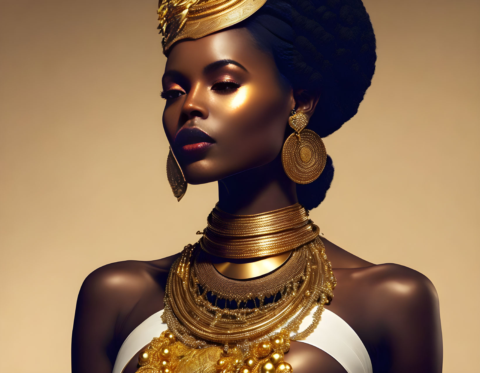 Regal woman with striking makeup and golden jewelry on warm backdrop